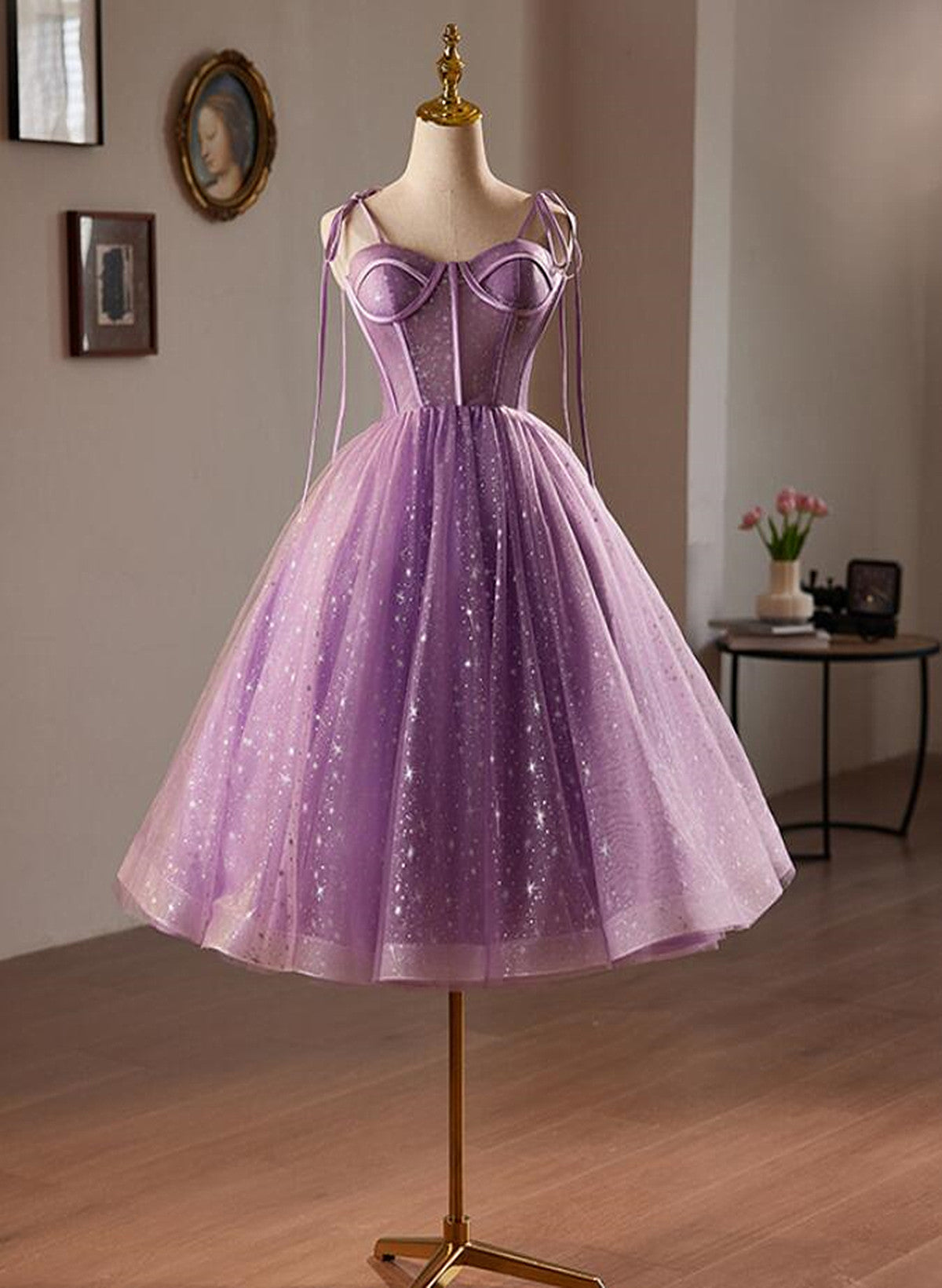 Light Purple Knee Length Straps Party Dress, Light Purple Homecoming D – Cutedressy