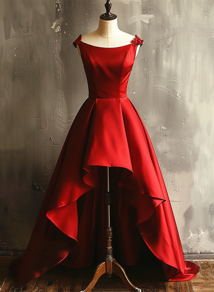 Wine Red Satin High Low Round Neckline Party Dress, Wine Red — free download