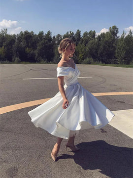 White Satin Off Shoulder Tea Length Wedding Party Dress, White Satin Graduation Dress