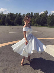 White Satin Off Shoulder Tea Length Wedding Party Dress, White Satin Graduation Dress