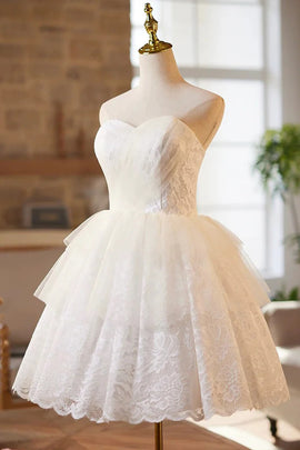 White Tulle and Lace Sweetheart Homecoming Dress, White Short Party Dress