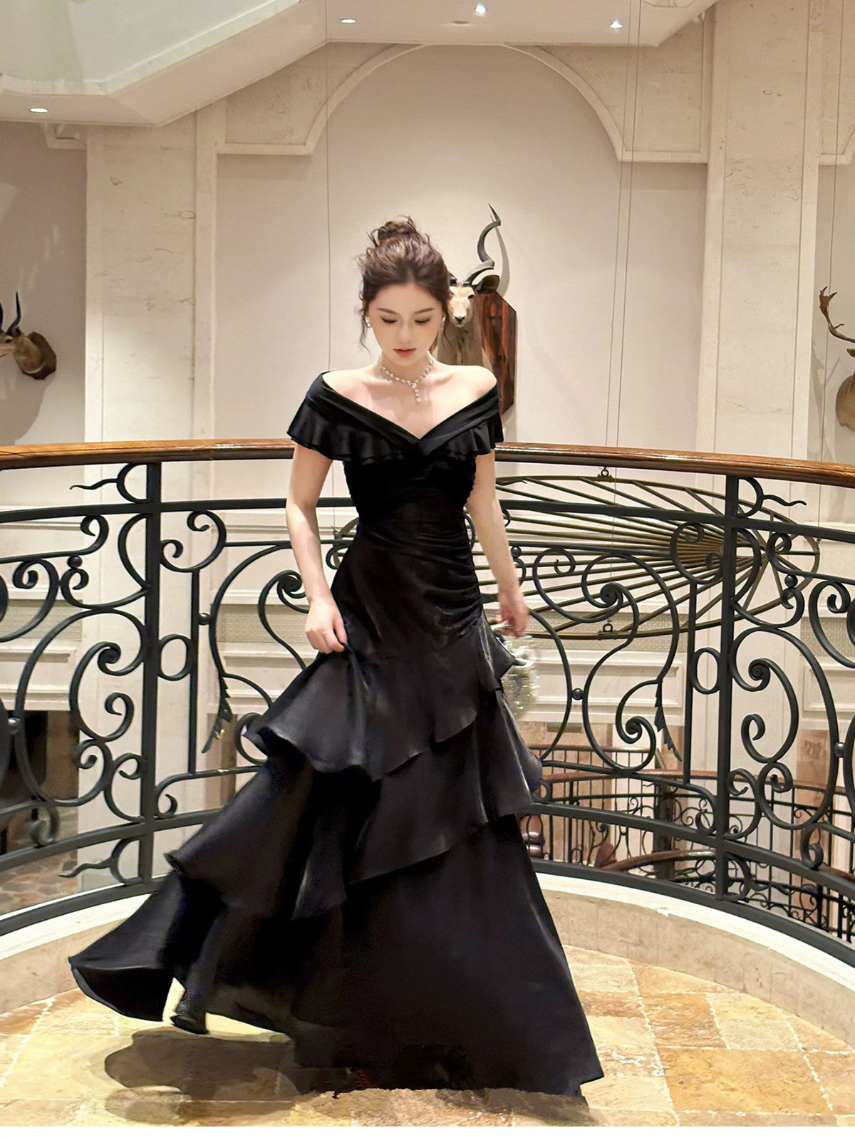 Black Satin Off Shoulder Mermaid Layers Prom Dress, Black Satin Floor Length Party Dress