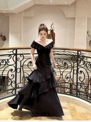 Black Satin Off Shoulder Mermaid Layers Prom Dress, Black Satin Floor Length Party Dress