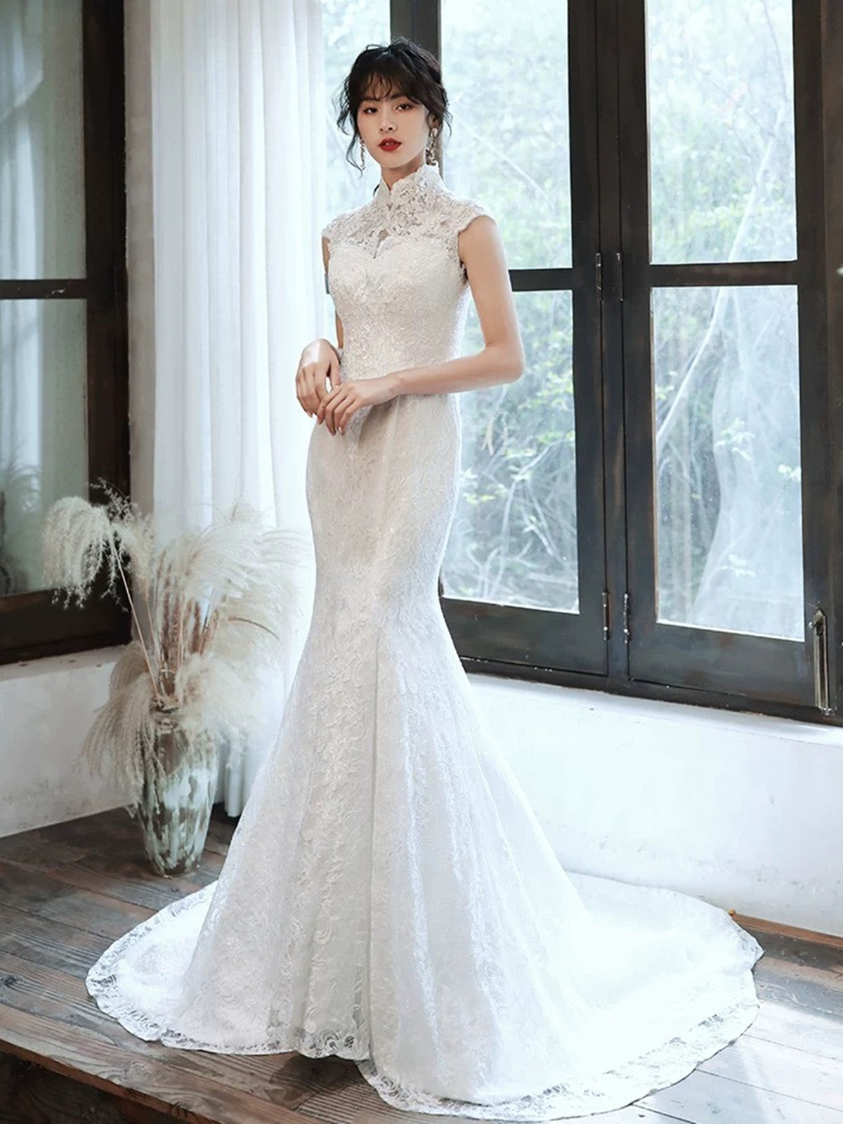 high neck lace party dress Stunning Appliques High Neck Lace Wedding Dresses with Sequins