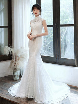 White Mermaid Lace High Neckline Wedding Party Dress, White Long Wedding Dress