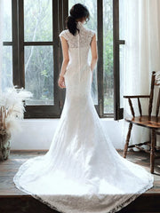 White Mermaid Lace High Neckline Wedding Party Dress, White Long Wedding Dress