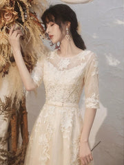 Light Champagne Tea Length Round Neckline Party Dress, Tulle with Lace Homecoming Dress