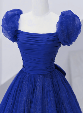 Royal Blue Scoop Tulle Short Sleeves Long Prom Dress, Royal Blue A-line Party Dress