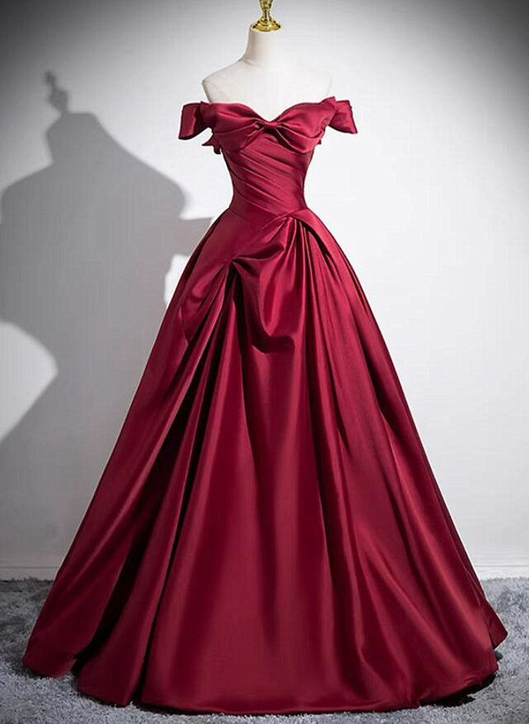 Wine Red Satin Off Shoulder Floor Length Party Dress, Wine Red Evening