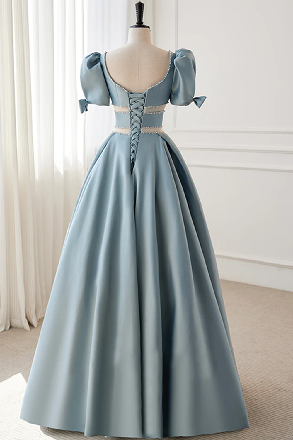 Blue Satin A-line Beaded Chic Long Prom Dress Party Dress, Blue Satin Evening Dress