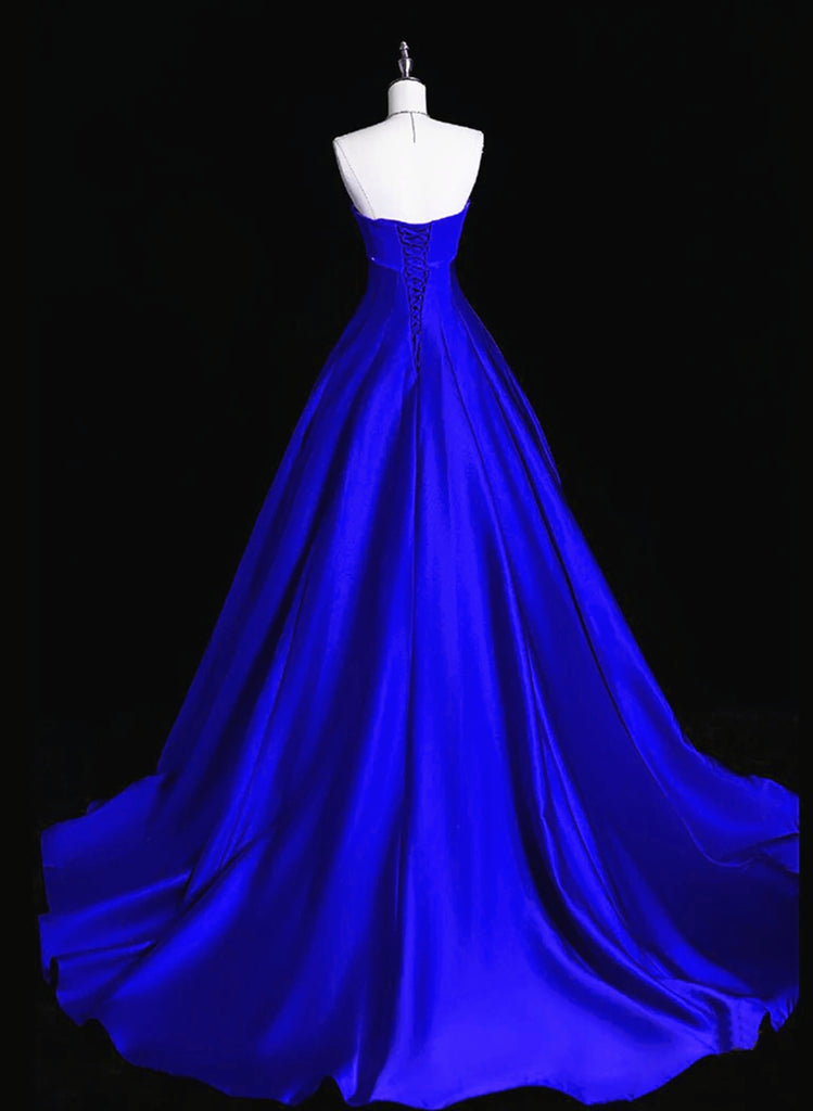 Retro Royal Blue Satin Bow A Line Long Birthday Party Dress Prom Gown main image 1