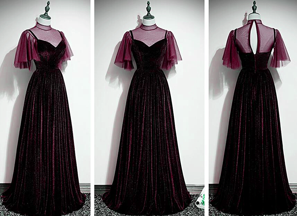 Wine Red Velvet A-line Long High Neckline Party Dress, Wine Red Long Bridesmaid Dress