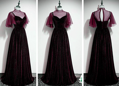 Wine Red Velvet A-line Long High Neckline Party Dress, Wine Red Long Bridesmaid Dress