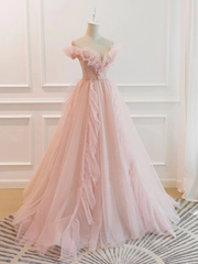 Pink Tulle Off the Shoulder A-Line Tulle Ruffles Floor-Length Prom Dress, Pink Long Party Dress