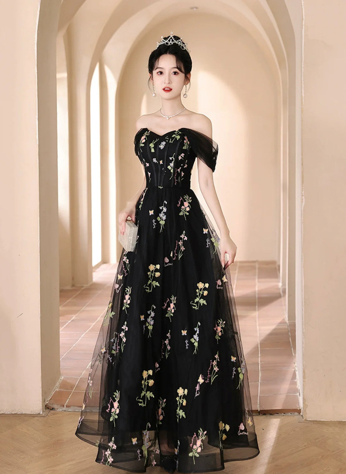 Black Off Shoulder Tulle A-line Sweetheart Long Party Dress, Black Prom Dress Black Off Shoulder Tulle A-line Sweetheart Long Party Dress, Black Prom Dress