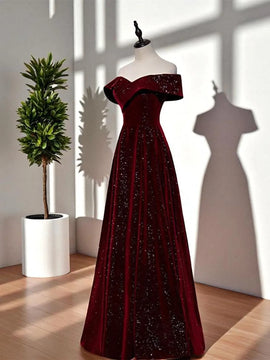 A-line Wine Red Velvet Floor Length Formal Dress, Wine Red Velvet Long Prom Dress