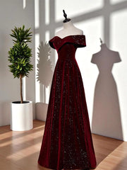 A-line Wine Red Velvet Floor Length Formal Dress, Wine Red Velvet Long Prom Dress