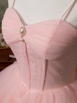 Pink Tulle Sweetheart Straps Knee Length Party Dress, Pink Tulle Homecoming Dress