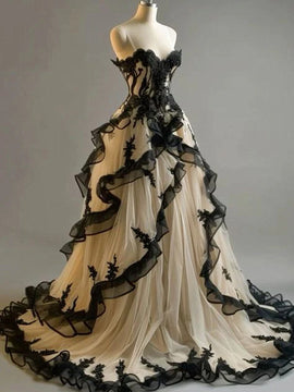 Black and Champagne Strapless Tulle Formal Dress, A-line Tulle Long Evening Dress Prom Dress