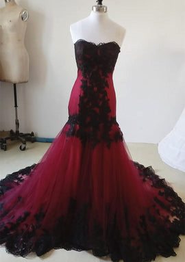 Wine Red Tulle with Black Lace Applique Mermaid Party Dress, Wine Red Tulle Evening Dress