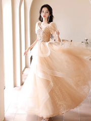 A-line Champagne Short Sleeves Tulle with Lace Party Dress, A-line Tulle Long Prom Dress