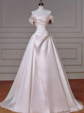 Light Pink Satin A-line Floor Length Party Dress, Light Pink Satin with Lace Prom Dress