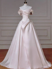 Light Pink Satin A-line Floor Length Party Dress, Light Pink Satin with Lace Prom Dress