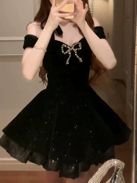 Black Velvet Sweetheart Straps Beaded Party Dress, Black Velvet Homecoming Dress