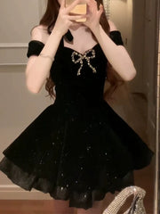 Black Velvet Sweetheart Straps Beaded Party Dress, Black Velvet Homecoming Dress