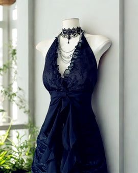 Navy Blue V-neckline Lace Party Dress Prom Dress, Navy Blue A-line Evening Dress