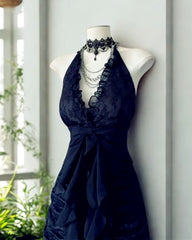 Navy Blue V-neckline Lace Party Dress Prom Dress, Navy Blue A-line Evening Dress