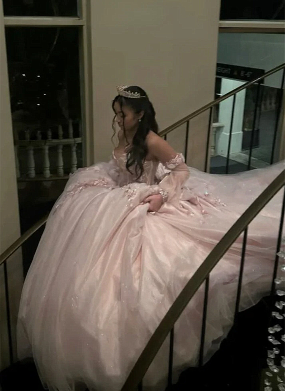 Pink Tulle Sweetheart Long Sleeves Sweet 16 Dress, Pink Quinceanera Dresses