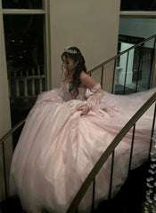 Pink Tulle Sweetheart Long Sleeves Sweet 16 Dress, Pink Quinceanera Dresses