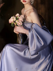 Purple Sweethart Beaded Off Shoulder Party Dress, Purple Satin Long Formal Gown