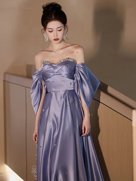 Purple Sweethart Beaded Off Shoulder Party Dress, Purple Satin Long Formal Gown