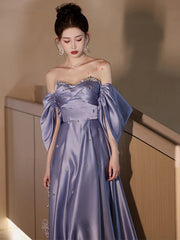 Purple Sweethart Beaded Off Shoulder Party Dress, Purple Satin Long Formal Gown