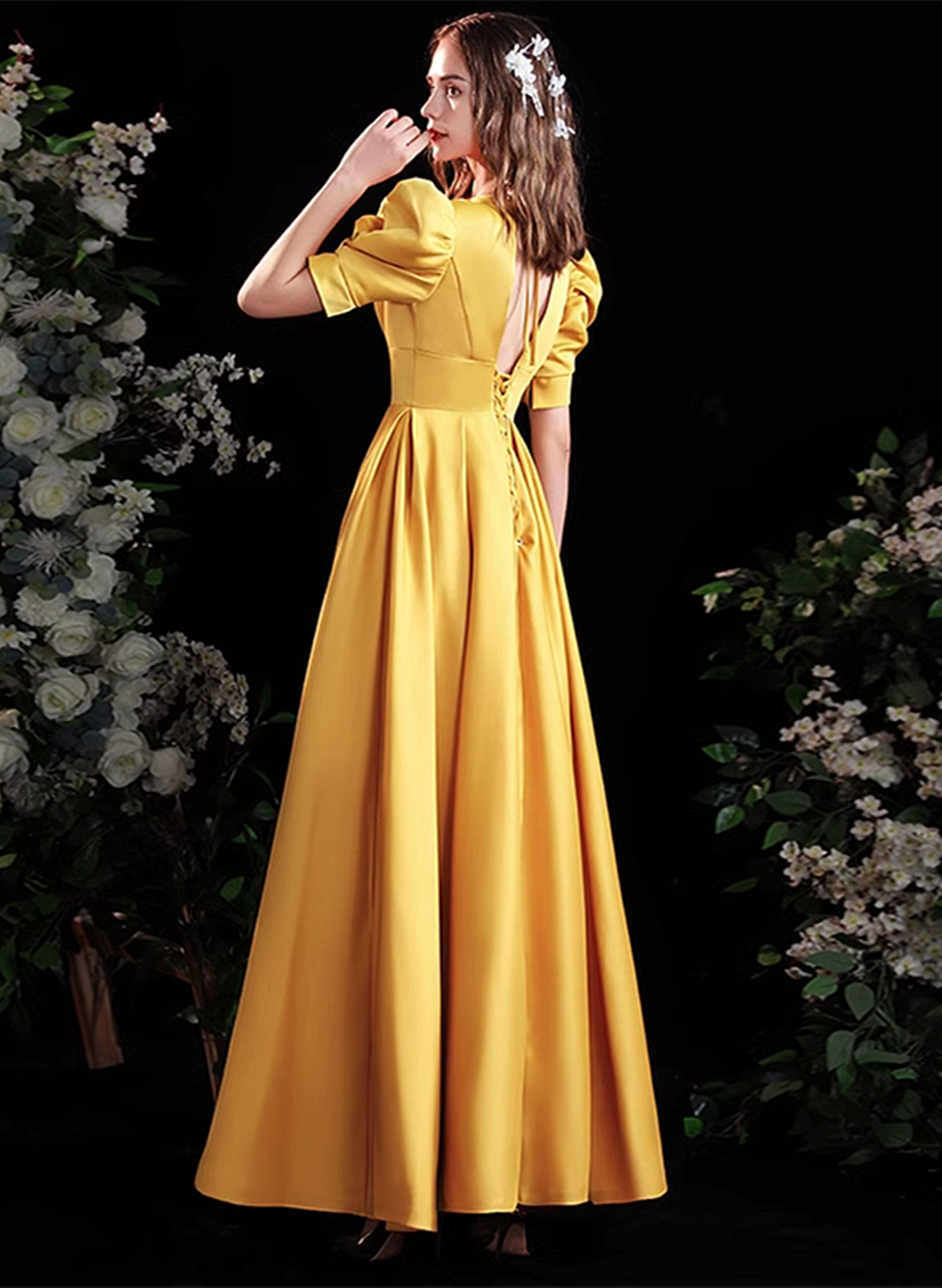 Yellow Satin A-line Long Prom Dress with Sleeves, Yellow Floor Length Cutedressy Yellow Satin A-line Long Prom Dress with Sleeves, Yellow Floor Length Cutedressy