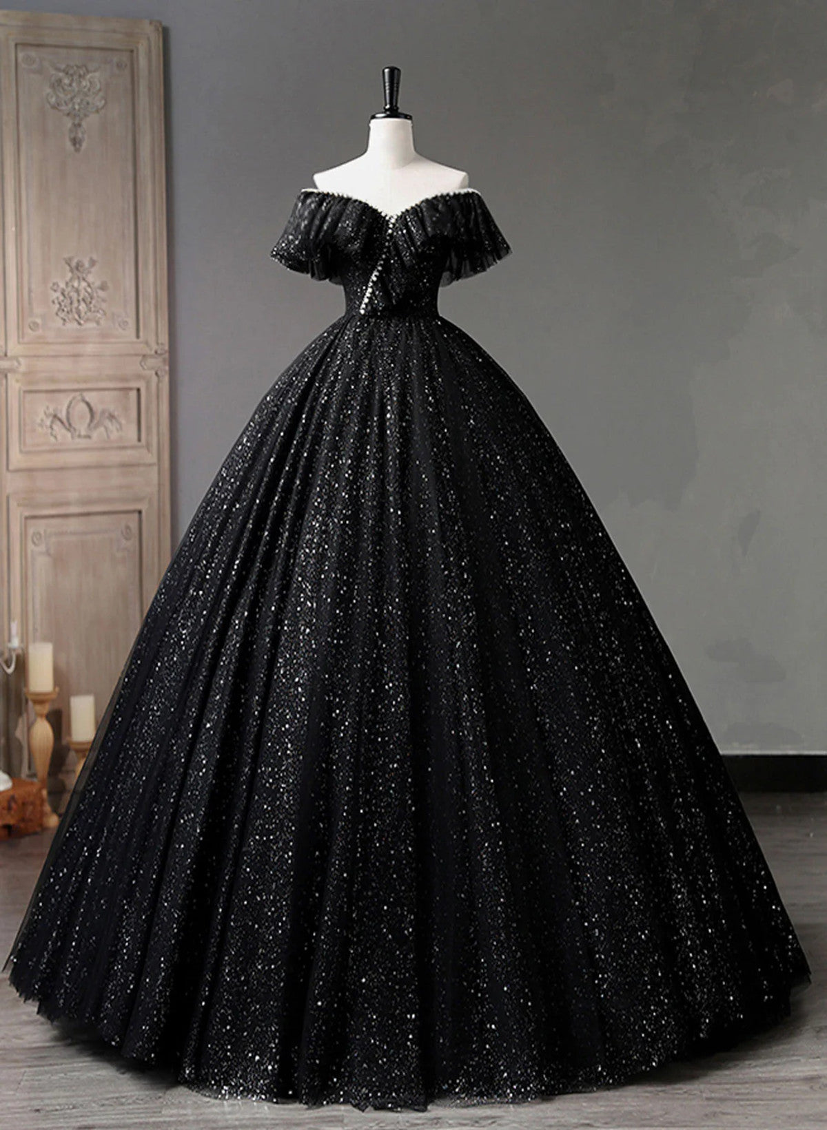 black prom dress ball gown Black Tulle Beaded Long Formal Gown, Black Tulle A-line Prom Dress – Cutedressy