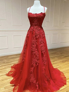 Red V-neckline Tulle with Lace Applique Party Dress, Red Formal Dress Evening Dress