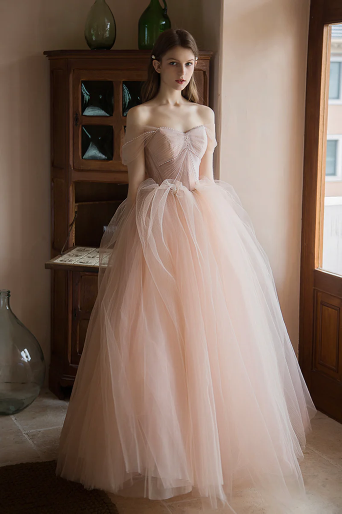 Pink Tulle Off The Shoulder Prom Dresses With Lace Up, Sweetheart Formal Gowns GJS750