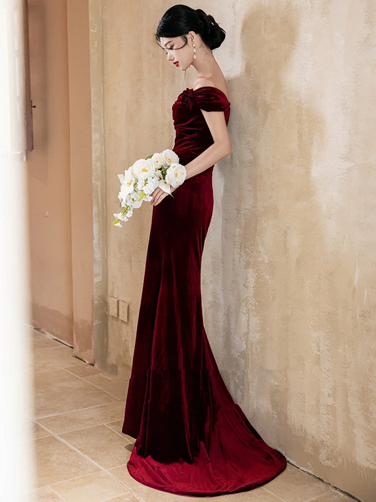 Lovely Velvet Mermaid Off Shoulder Long Prom Dress, Wine Red Wedding P – Cutedressy Lovely Velvet Mermaid Off Shoulder Long Prom Dress, Wine Red Wedding P – Cutedressy