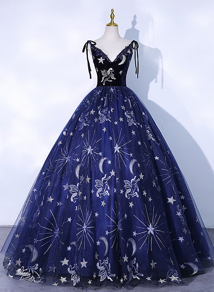 Cute Navy Blue Ball Gown V-neckline Party Dress, Navy Blue Sweet 16 Dr
