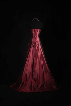 Elegant Wine Red Strapless Floor-Length Evening Dress, Beaded A-line Wine Red Long Prom Dress