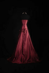 Elegant Wine Red Strapless Floor-Length Evening Dress, Beaded A-line Wine Red Long Prom Dress