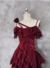 Wine Red High Low Satin Lovely Style Party Dress, Wine Red Long Prom Dress