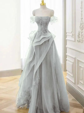 A-line Sliver Grey Tulle Beaded Off Shoulder Party Dress, Sliver Tulle Long Evening Dress Prom Dress