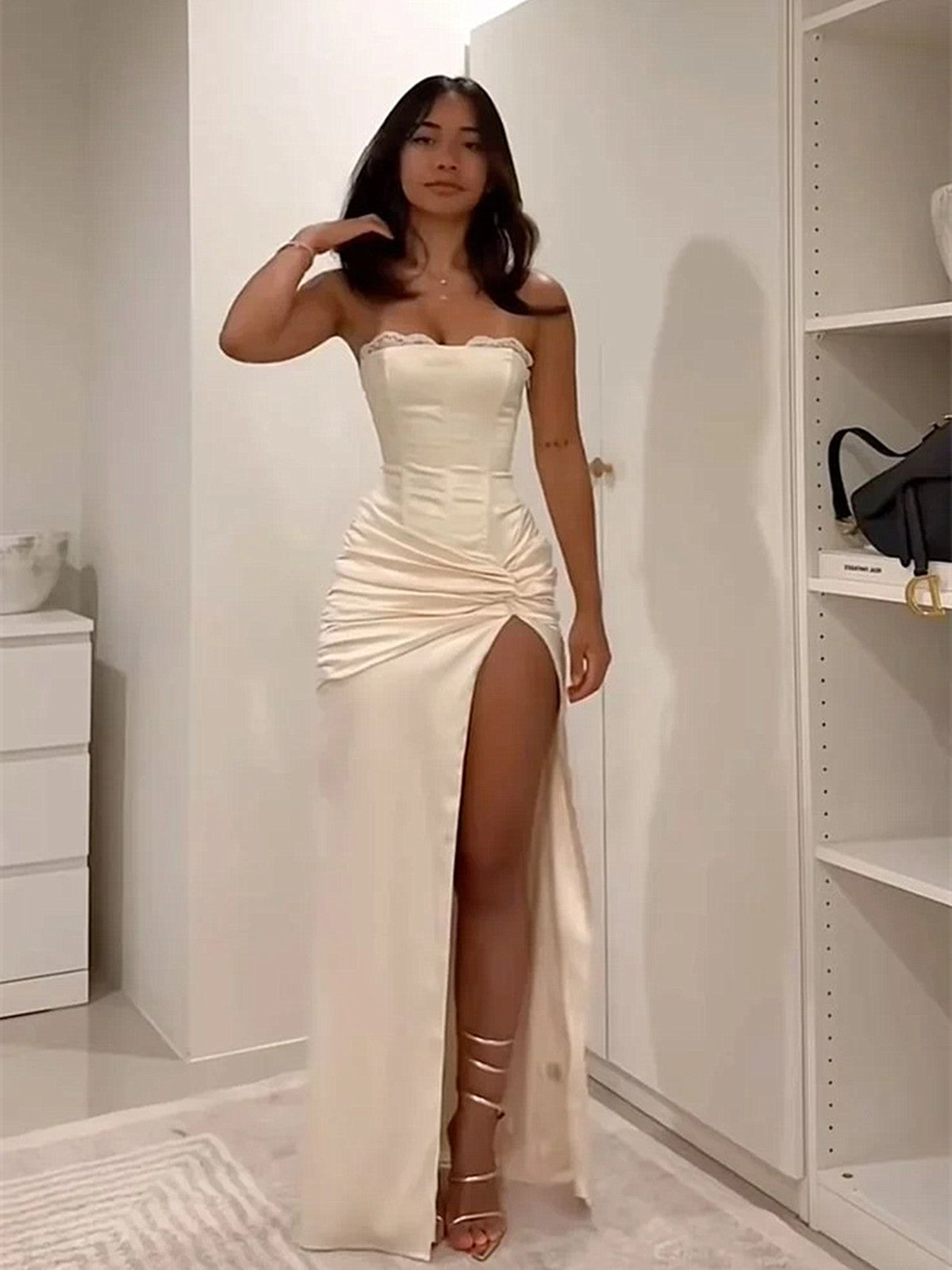 Ivory Satin Strapless Formal Gown with Corset Back, High Slit Satin Evening Party Dress 