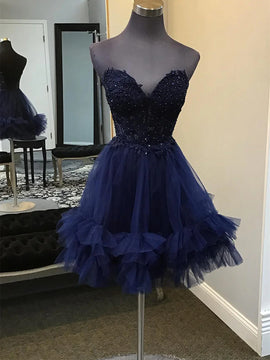 Navy Blue Tulle with Lace Applique Beaded Homecoming Dress, Navy Blue Short Party Dress
