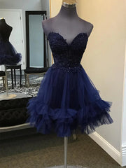 Navy Blue Tulle with Lace Applique Beaded Homecoming Dress, Navy Blue Short Party Dress
