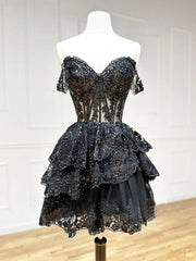 Black Sweetheart Tulle with Lace Knee Length Homecoming Dress, Black Short Party Dress